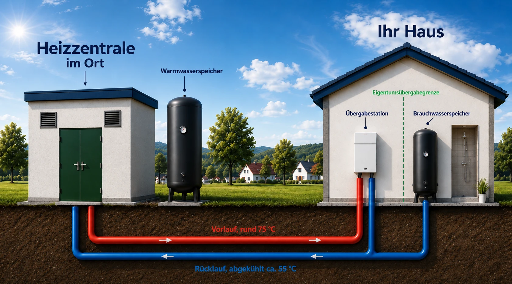 Schema des Nahwärmenetzes: Links steht die Heizzentrale im Ort mit einem stehenden Warmwasserspeicher, rechts Ihr Haus im Schnitt mit Übergabestation und Brauchwasserspeicher. Zwischen beiden Geräten liegt die Eigentumsübergabegrenze. Unter der Erde führt die rote Vorlaufleitung mit rund 75 °C von der Zentrale zum Haus, die blaue Rücklaufleitung mit rund 55 °C wieder zurück.